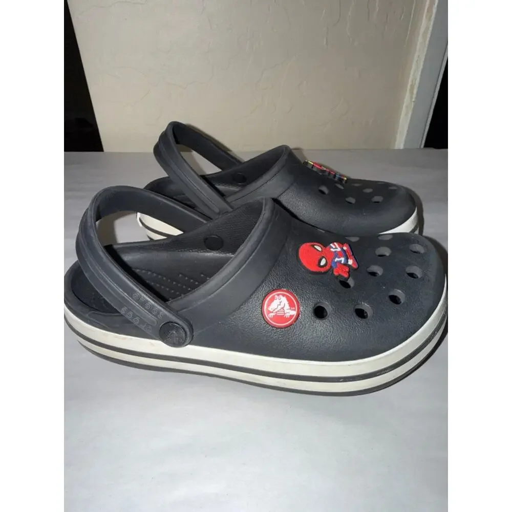 Crocs black youth size 12 with Spider-Man croc charms jibbits